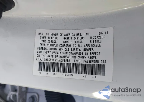 2017 Honda Accord Touring V6 из США, поврежденный, VIN 1HGCR3F93HA008059